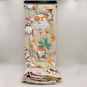 Boo Ghost Beach Soft Printed Plush Throw Blanket Summerween Cream Pink Tropical